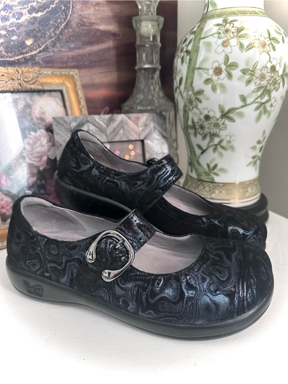 Alegria Black Shimmer Mary Jane Loafers with Buckle